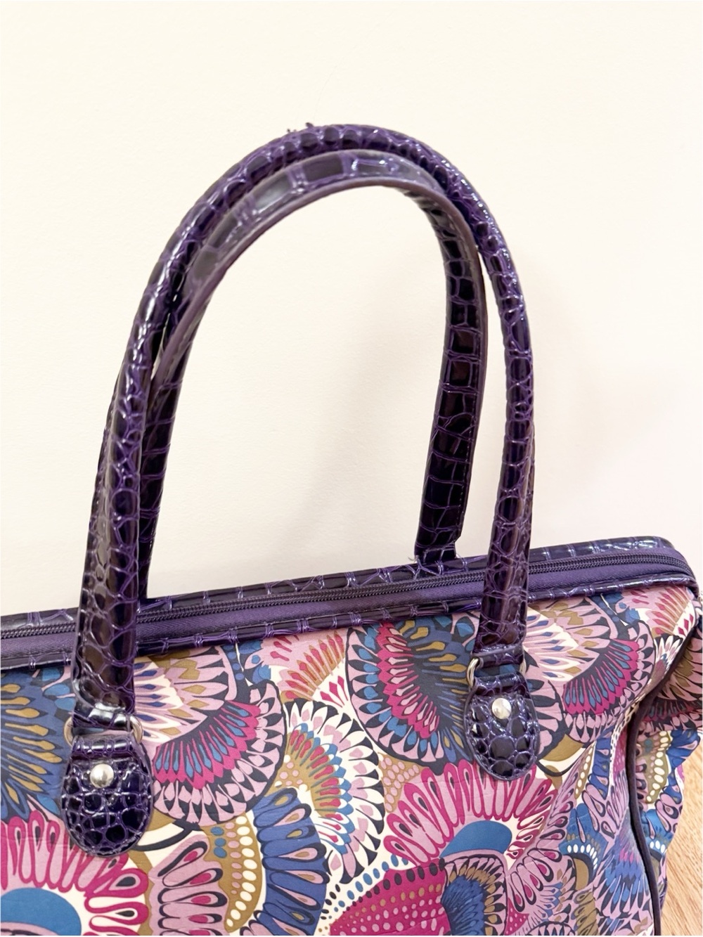 🌸 Kathy Van Zeeland Purple Croc & Butterfly Print Large Satchel Handbag - Picture 9 of 9